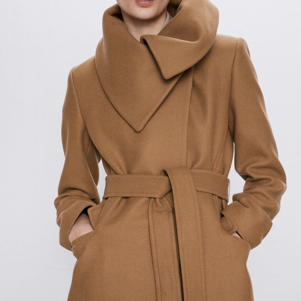 Zara Camel Wool Coat with Wrap Collar - Picture 5 of 10